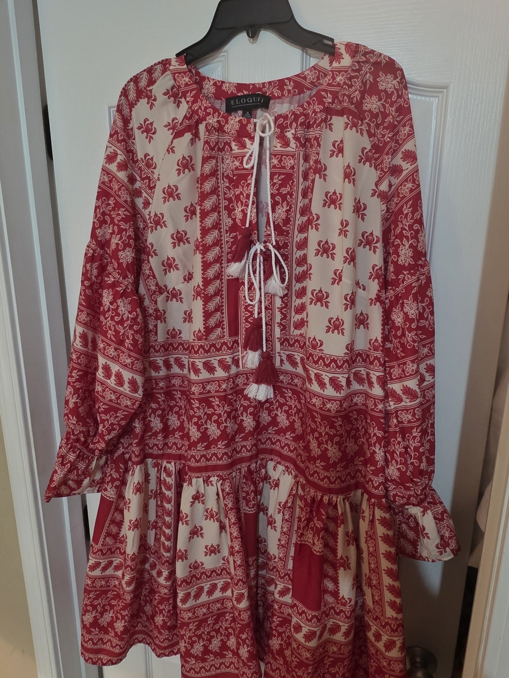 Eloquii Red and Cream Printed Tiered Peasant Dress